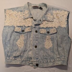 Vintage 80s Denim Vest with Lace – S
